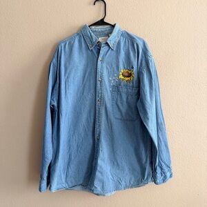 Vintage Denim Sunflower Embroidered Button Down